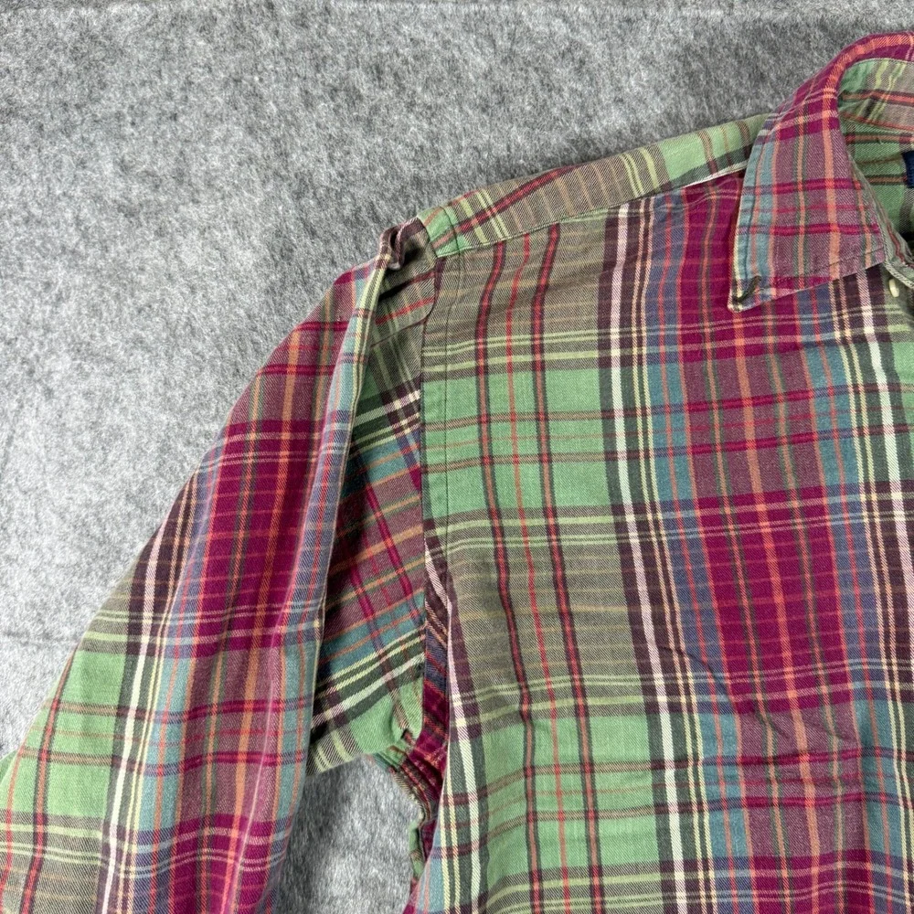 Ralph Lauren Plaid Button Down Mens M Green Burgundy Long Sleeve Cotton Shirt